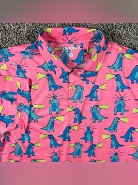 Chubbies Mens Medium The Hear Me Roar Dinosaur Performance Golf Polo Shirt Pink